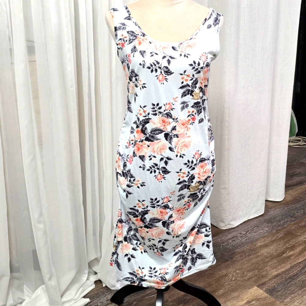 2/$30 Floral Sleeveless Midi Sundress Size M Side Ruching Scoop Neck Bodycon